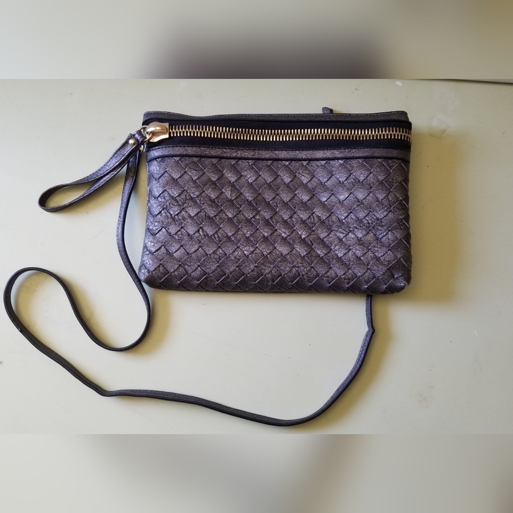 Woven Crossbody Shoulder Bag - Metallic Charcoal Effect- Madison West Bag